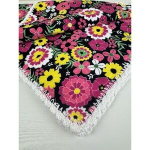 Handmade Vintage Style Baby Girl Pink Floral Crochet Edge Receiving Blanket